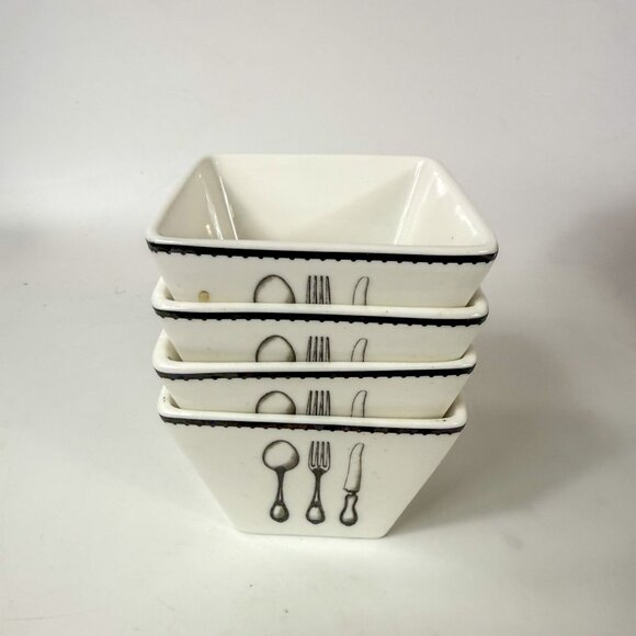 Ciroa Simple Serve Flatware Square White Black Ceramic Bowls Set Of 4 - Picture 3 of 7